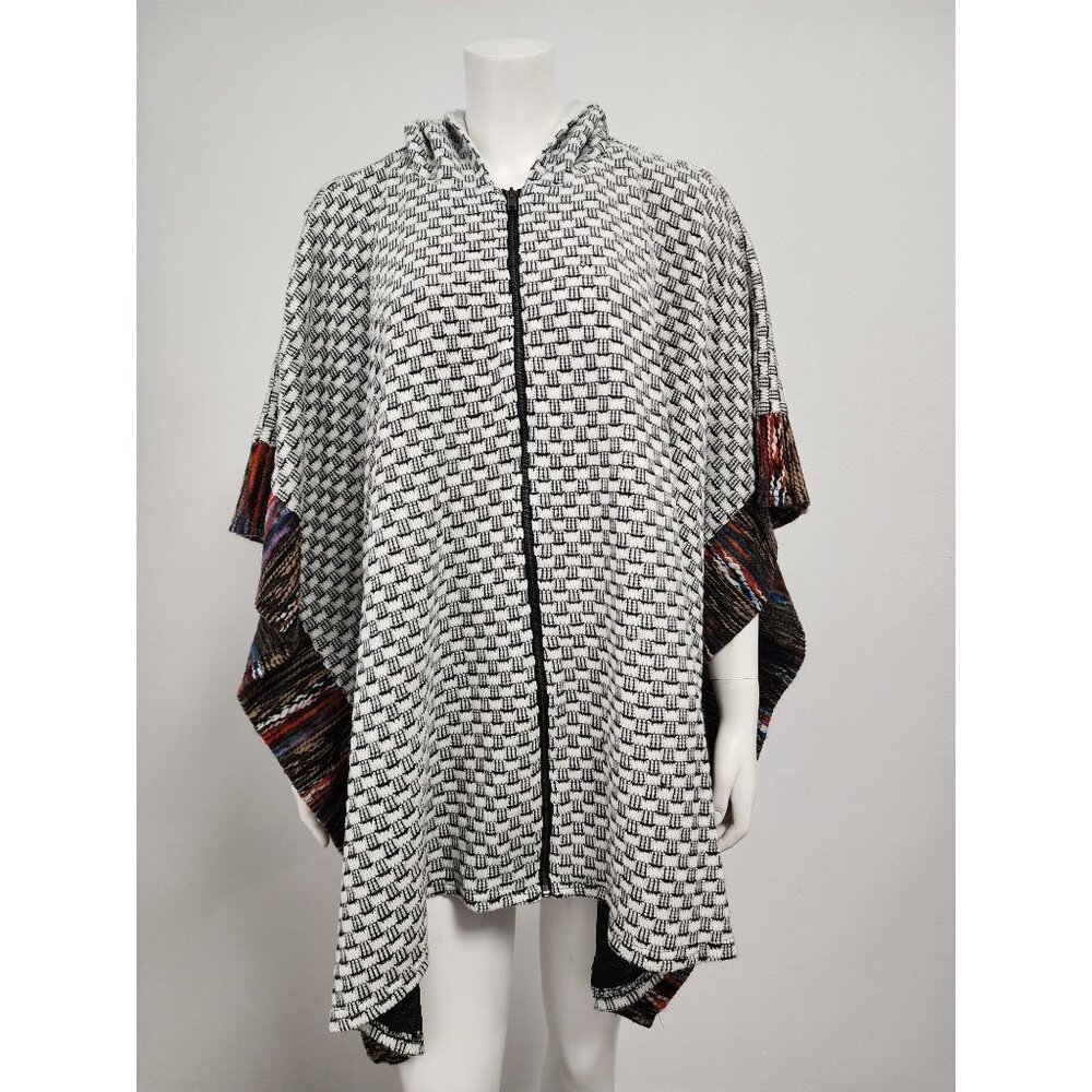 Flying Tomato white multicolor knit hooded poncho S/M